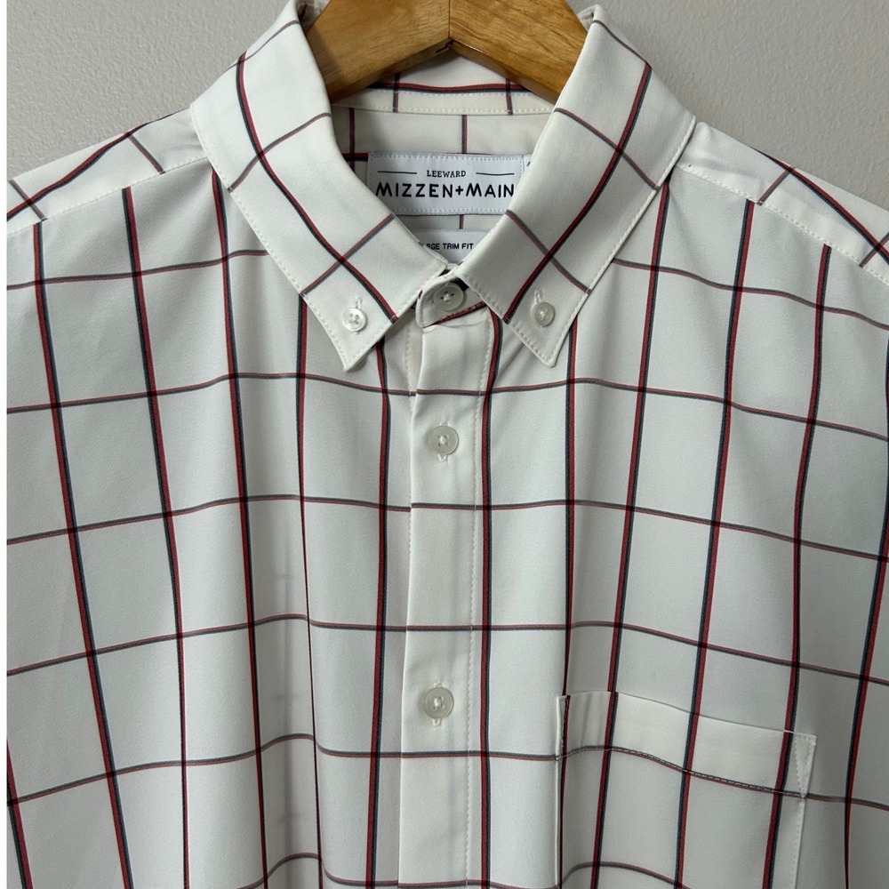 Mizzen+Main Leeward Shirt Mens Large White Navy Red Trim Fit Performance Plaid